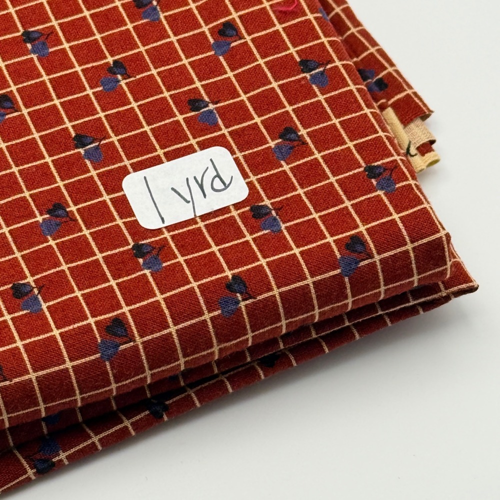 Vintage Cotton Fabric Grid Floral Sprig Rust Red 1 Yard Quilting Sewing Material
